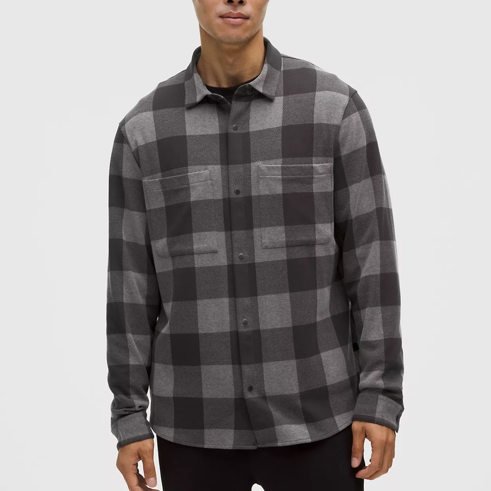 Lululemon Soft Knit Overshirt Plaid Gray Black Snap Flannel Shirt Jacket Mens L